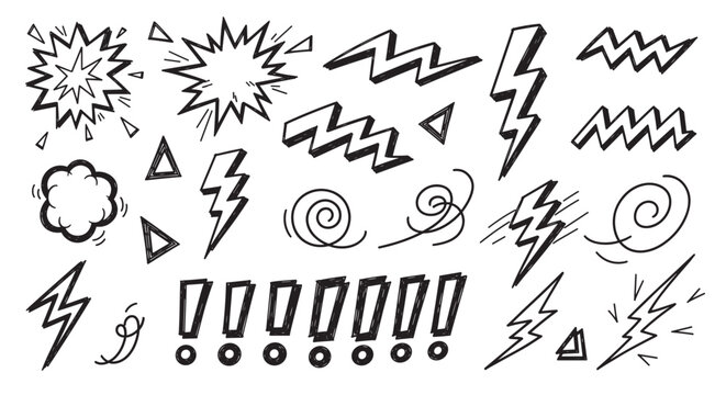 Collection of hand drawn comic book elements for expressing shock and energy. Doodle set of lightning bolts, explosion bursts, and exclamation marks for graphic design