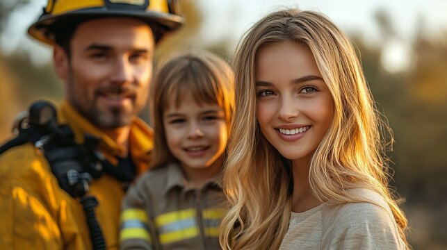 Firefighter stands proudly with his family a young daughter and wife showcasing unity and strength in the face of adversity and community service