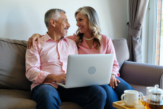 Caucasian middle aged man and Caucasian middle aged woman sitting on sofa using laptop together, smiling and looking at each other, tea set on table in foreground