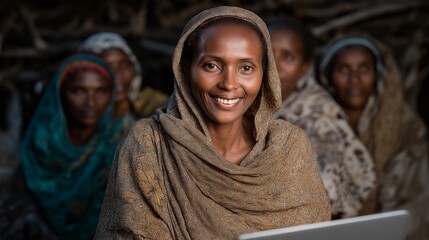 Smiling group of refugee women learning online tools for business and communication, symbolizing confidence, self-sufficiency, and transformation through digital empowerment. cinematic color