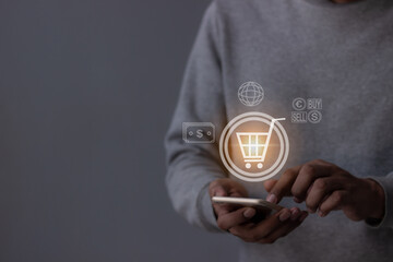 Young Man Using Smartphone For Online shopping, Mobile payment, Online payment, Digital, Bank account phone, Mobile banking payment concept