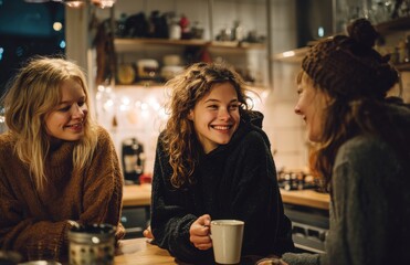 Friends smiling and chatting over hot drinks at home