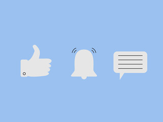 Three social media icons a thumbs up Like a ringing notification bell and a chat bubble are displayed on a blue background
