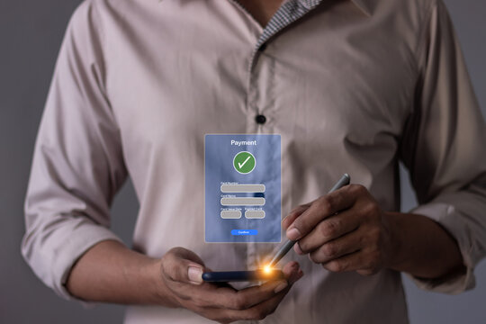 Young Man Hand Using Smartphone For Mobile Payment, Online payment, Digital, and Online shopping, Bank account phone, Mobile banking