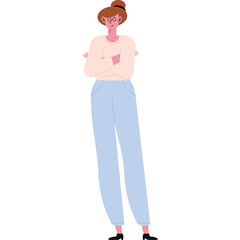Illustration Of A Brown Haired Woman With Arms Crossed Wearing A Light Peach Sweater And Light Blue Trousers Standing Against A Transparent White Background