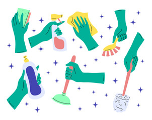 Cartoon Color Different Hands Wearing Protective Rubber Gloves Set Cleaning Household Supplies Concept Flat Design Style. Vector illustration