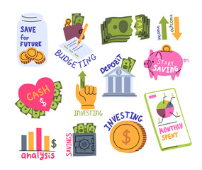 Cartoon Color Different Self Budget and Economy Hand Drawing Stickers Set Finance Concept Flat Design Style. Vector illustration