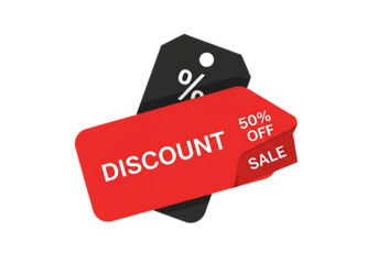 Red discount tag with 50% off and sale text, promoting special retail offers