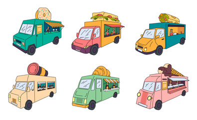 Cartoon Color Different Street Fast Food Trucks Set Kiosks Concept Flat Design Style with Elements Thin Line. Vector illustration of Festival Market Stall