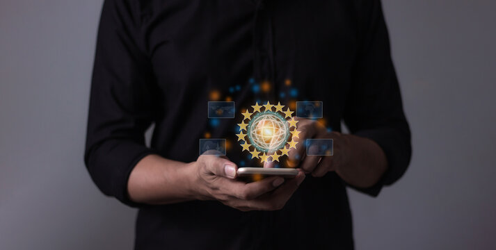 Young man hand using smartphone to Interconnect, Interconnected Concept; People connect via wireless internet in a world of digital technology and communications that connect freely around the world