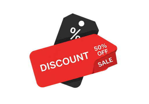 Red discount tag with 50% off and sale text, promoting special retail offers