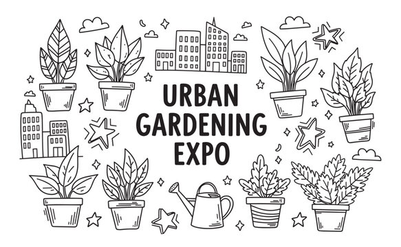 Urban gardening expo concept with potted plants and city buildings. Hand drawn doodle set for a community event, horticulture festival or plant market promotion
