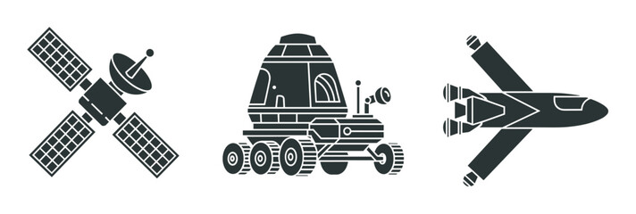 Obraz premium Space exploration icon set with a satellite, rover and spaceship. Collection of futuristic technology and cosmic travel symbols for graphic design and web elements