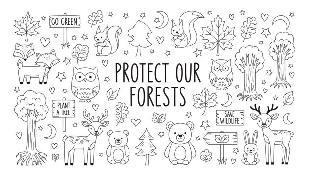 Protect our forests concept with cute woodland animal doodles. A hand drawn set of conservation icons for ecology awareness including a bear, fox, deer, and trees for coloring