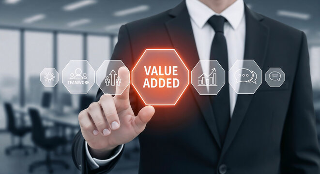 Businessman touching digital screen with value added icons - Powered by Adobe