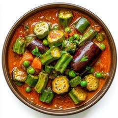 Fresh homemade vegetable curry with zucchini, eggplant, green peas, and carrots in spicy tomato sauce served in a round bowl