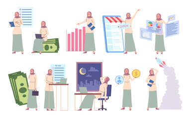 Cartoon Color Characters Muslim Business Woman in Headscarfs Startup Concept Flat Design Style. Vector illustration of Businesswoman Project