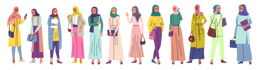 Cartoon Color Character Muslim Women Different Types Clothing Concept Flat Design Style. Vector illustration of Hijab of Headscarf