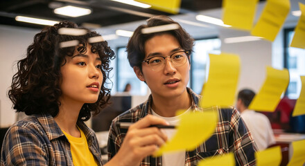 Young asian colleagues brainstorming innovative ideas with sticky notes