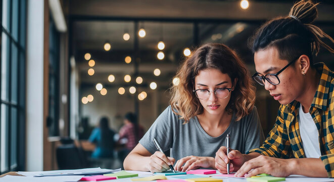 Diverse colleagues brainstorming creative ideas planning project strategy together