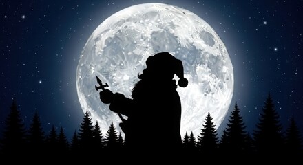 Silhouette of Santa Claus holding a sword under the full moon in a winter forest