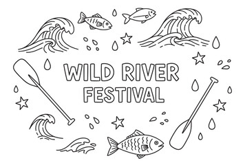 Wild river festival concept with hand drawn elements. Outline drawing of fish, waves, and paddles for a water activity event. Minimalist emblem for outdoor adventure branding