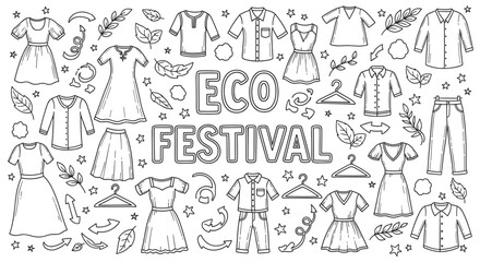 Obraz premium Outline doodle set of eco festival clothing and accessories. Hand drawn apparel collection with leaves, stars, and arrows for sustainable fashion events