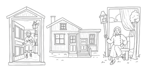 Hand drawn set of a young female at her cozy wooden cabin. Outline drawing collection showing a simple country lifestyle for coloring books or creative projects