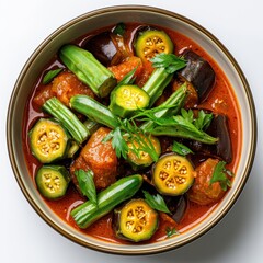 Delicious vegetable curry with zucchini eggplant and fresh herbs in a spicy tomato sauce served in a white bowl