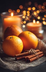 Oranges and cinnamon with candlelight