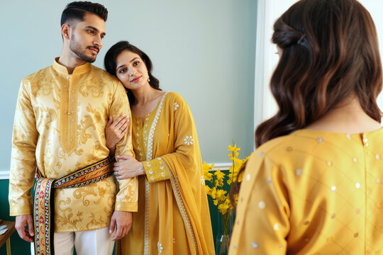 Young adult South Asian man standing with young adult South Asian woman leaning on his shoulder, both looking at woman with long brown hair in foreground, wearing traditional attire - Powered by Adobe