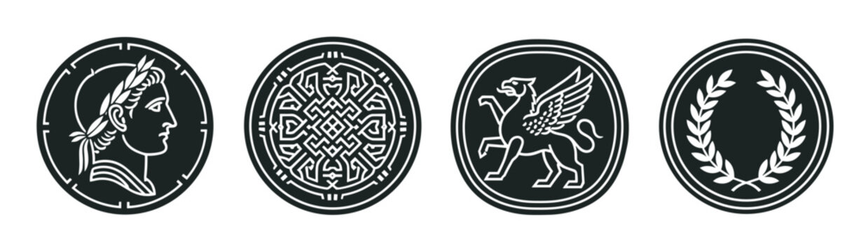 Set of ancient symbols and mythological icons for logo design. Includes a roman emperor profile, celtic knot, griffin, and laurel wreath. Minimalist emblems for branding