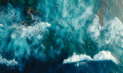 Aerial View of Crashing Sea Waves on Rocky Ocean Coastline in Turquoise Waters at Daytime - Ocean Energy and Nature Power Concept