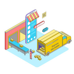 Cartoon Color Buy Button and Display Smartphone Screen Fast Delivery Service Concept 3d Isometric View Line Elements. Vector illustration