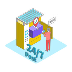 Cartoon Color Parcel Locker and Fast Delivery Service Concept 3d Isometric View Line Elements. Vector illustration of Postal Point Self-service