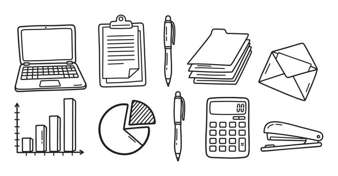 Hand drawn business and office tools collection. Essential stationery and digital devices for work and finance. Doodle style icons for accounting and communication concepts