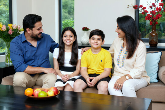 Caucasian middle aged man and woman sitting on sofa with teenage girl and preteen boy, smiling and looking at camera, family spending time together in modern living room