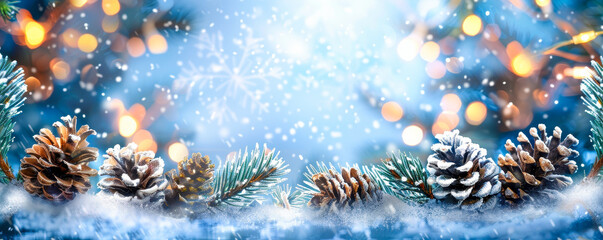 Festive Christmas Banner with Snow-Dusted Pine Cones and Fir Branches, Twinkling Lights, Winter Wonderland