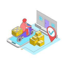 Cartoon Color Driving Scooter Delivers Box Fast Delivery Service Concept 3d Isometric View Line Elements. Vector illustration