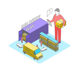 Cartoon Color Shipping Cargo Container and Fast Delivery Service Concept 3d Isometric View Line Elements. Vector illustration