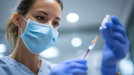 Nurse preparing injection wearing blue gloves and face mask in a sterile environment setting up shot