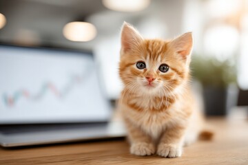 Adorable kitten works like a human in a sunny room. Crypto trading strategy. Is crypto the new frontier or a dangerous illusion. Kitten dynamic. Kitten interaction.