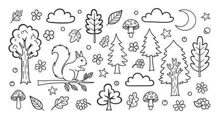 Collection of cute forest elements with a squirrel, trees, and mushrooms. Black and white line art doodles for children's coloring books and creative projects
