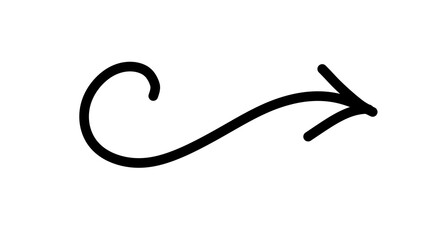 Hand-drawn style vector arrow curving with a swirl tail, isolated on white, pointing right, transparent background for design and illustration