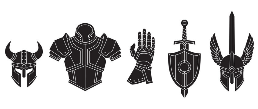 Set of medieval fantasy warrior armor and weapon icons. Black silhouette collection with helmet, sword, shield, and gauntlet. Knight or barbarian equipment for game design