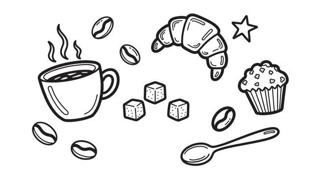 Hand drawn coffee shop doodle set with a hot cup, croissant, and muffin. Breakfast pastry and beverage icons including coffee beans, sugar cubes, and a spoon for cafe branding