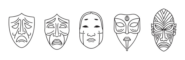 Collection of theatrical and cultural masks in a minimal line art style. Various ethnic designs including greek tragedy, japanese noh, and tribal faces for performance concepts