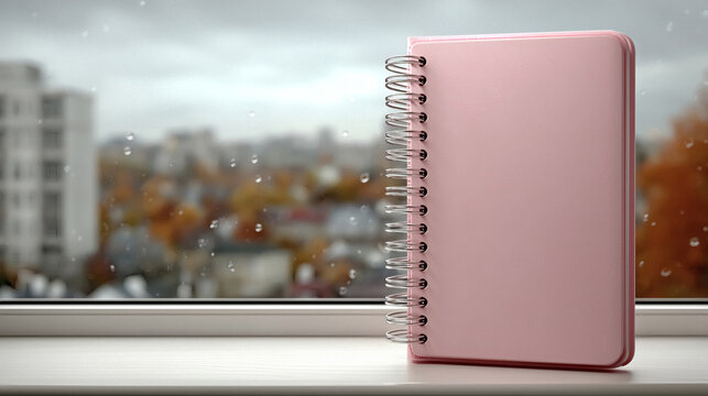 Cozy rainy day inspiration with a pink notebook on the windowsill dreaming of creative writing and planning future ideas