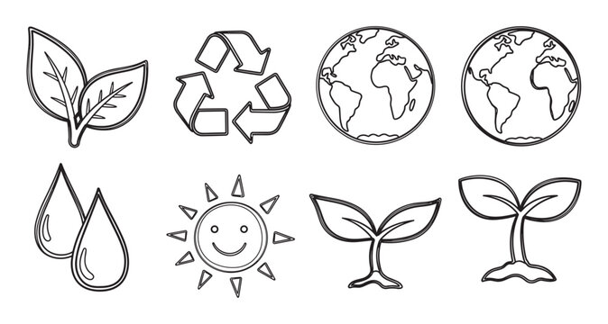Eco friendly outline icons set for environmental awareness. Nature conservation symbols including recycle, earth, leaves, water drops, sun, and sprouts - Powered by Adobe