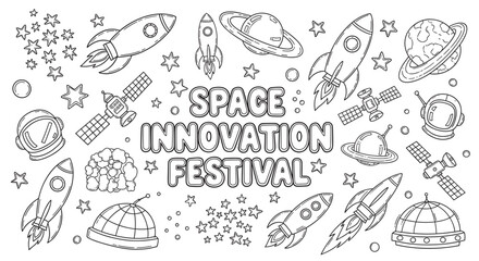 Outline space exploration elements for a science innovation festival. Featuring rockets, planets, satellites, and astronaut gear. Perfect for educational activities or event branding